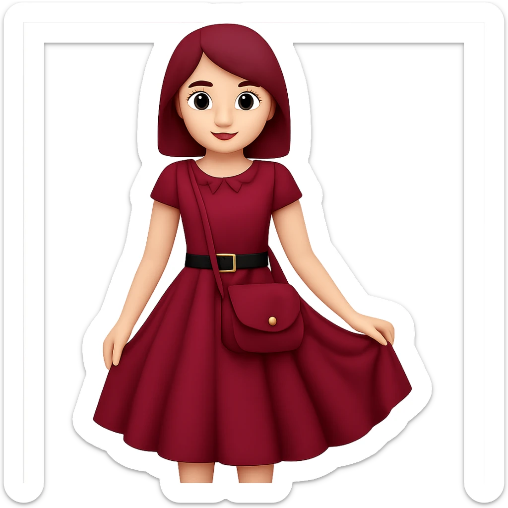 Add a burgundy handbag to the girl wearing a burgundy dress in the style of emoji, keeping the emoji style look. sticker