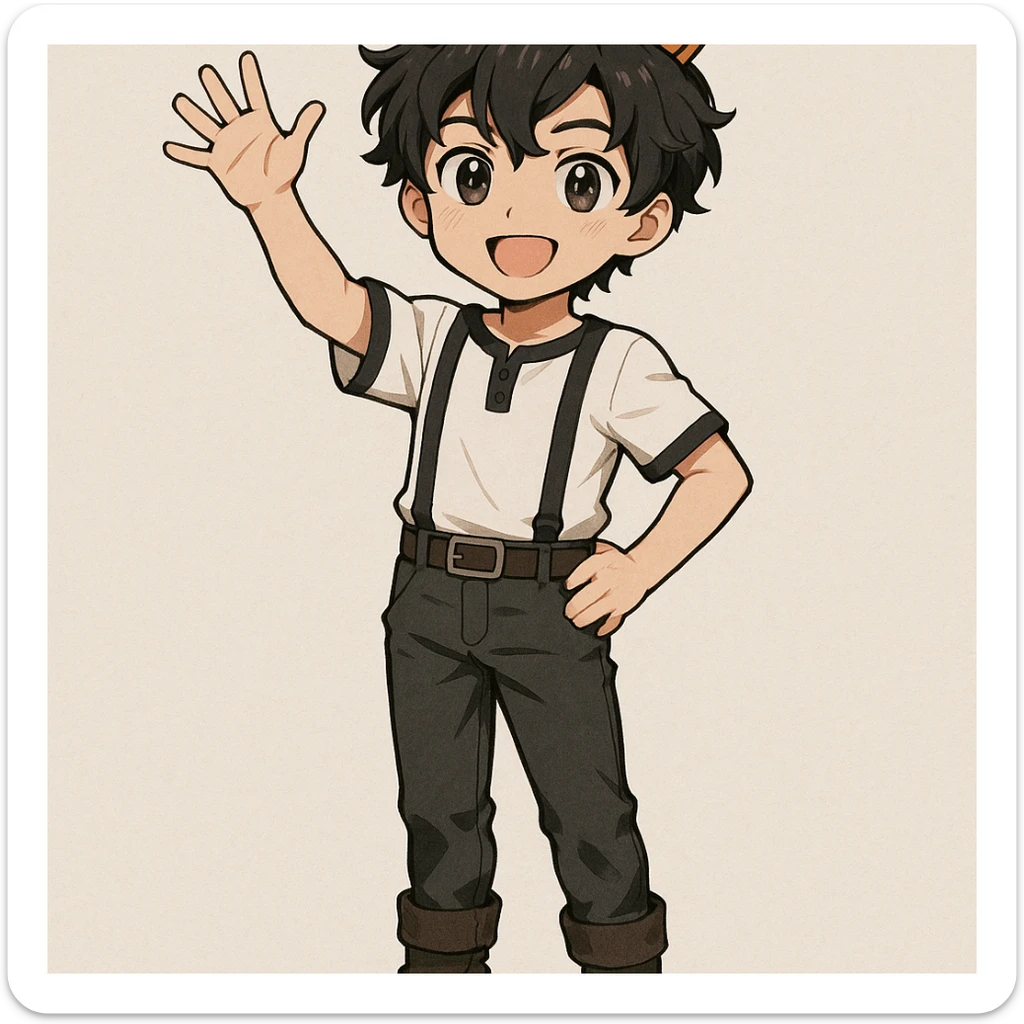 young anime boy with dark wavy hair, wearing a simple golden crown, white shirt with black trims and black suspenders, dark pants with belt and boots, standing confidently with one arm raised saying hello sticker