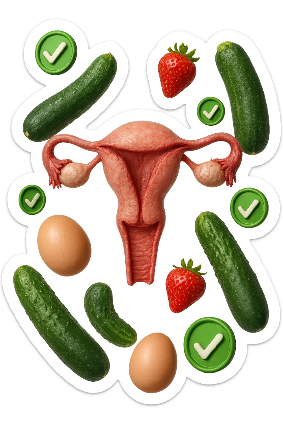 zucchine, cetrioli, fragole, uova fluttuano insieme ad un utero umano realistico anatomico e a piccole spunte verdi di "verificato" 3d, IPERREALISTICO 4K sticker