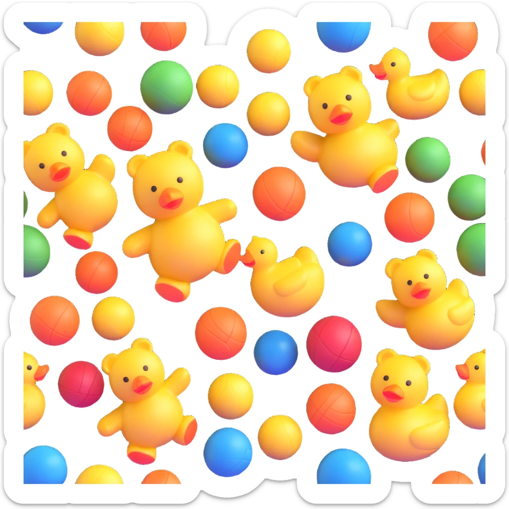 Colorful toys scattered together - teddy bear, rubber duck, toy blocks, ball, and action figures sticker