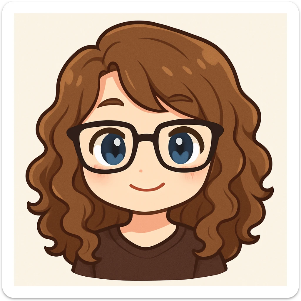 Create a chibi sticker emoji portrait of the person in the reference photo. The person has glasses and curly hair. The style should be cute and expressive, capturing the personality and charm of the individual. sticker