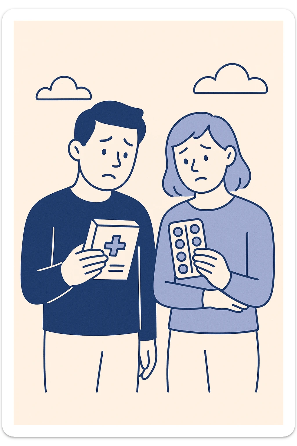 two people, worried expressions, holding or looking at two different medicine packages, flat illustration style sticker