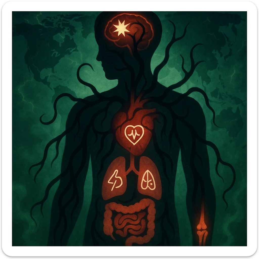 semi-realistic, medical-fantasy style human silhouette, parasite tendrils reach organs, each organ with a medical symbol (brain: pain, heart: arrhythmia, lungs: asthma, gut: colitis, joints: arthritis), world map, glowing cracks, green mist sticker