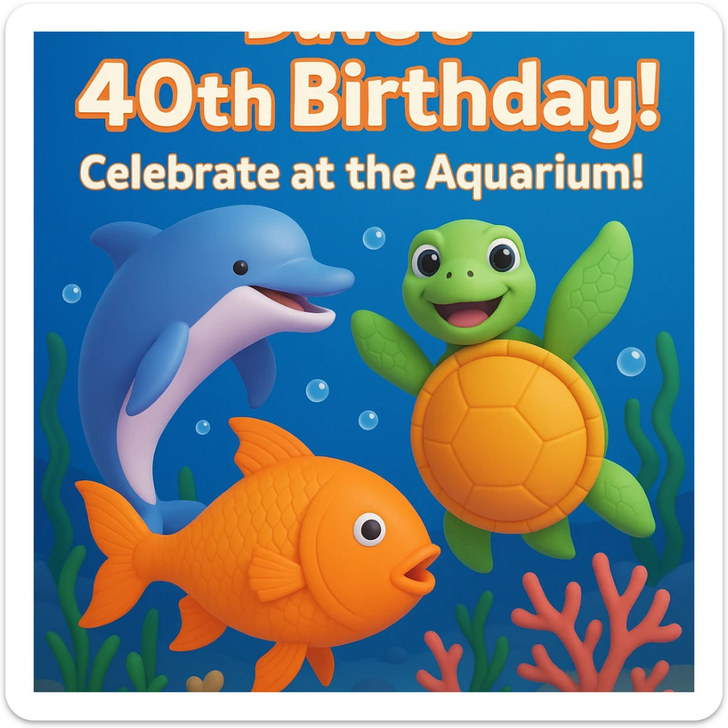Make a birthday card for Dave's 40th birthday at the aquarium. Arrange the playful dolphin, smiling sea turtle, and colorful fish in a lively underwater scene with bubbles, seaweed, and coral. Add cheerful text: "Dave's 40th Birthday! Celebrate at the Aquarium!" Use a fun, vibrant style. Make it 3d emoji style. sticker