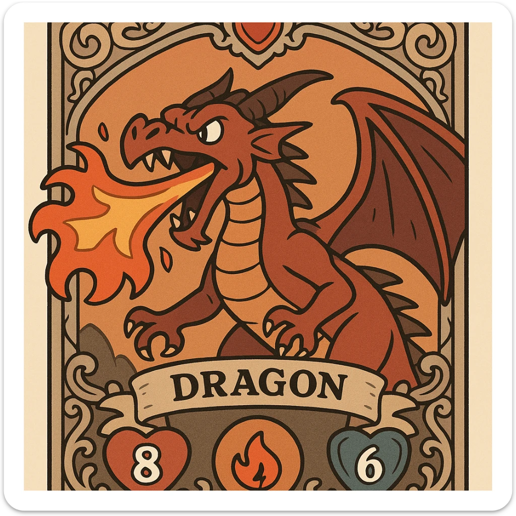 ornate collectible card of a fire dragon breathing fire with health, fire, and armor stats, elaborate fantasy border, intricate details, vibrant and dramatic fantasy art style sticker