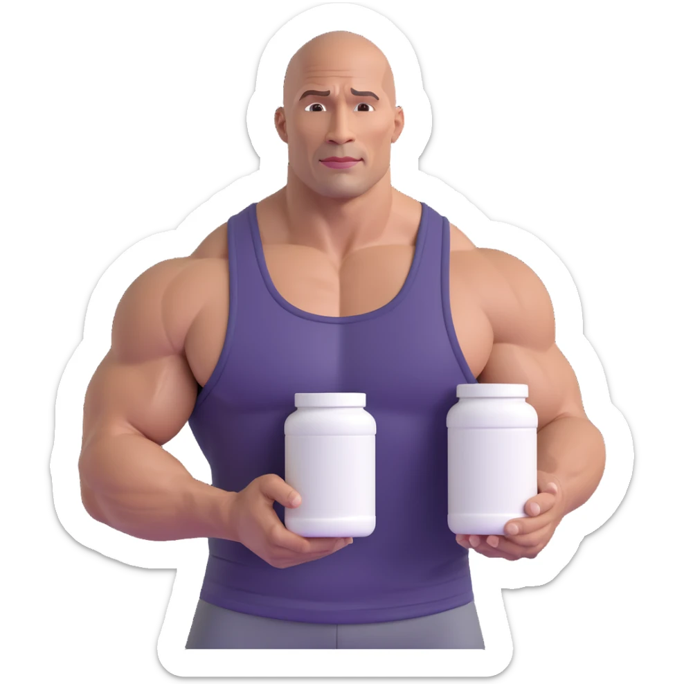 emoji of muscular bald man resembling Dwayne Johnson holding a protein powder tub, wearing a tank top sticker