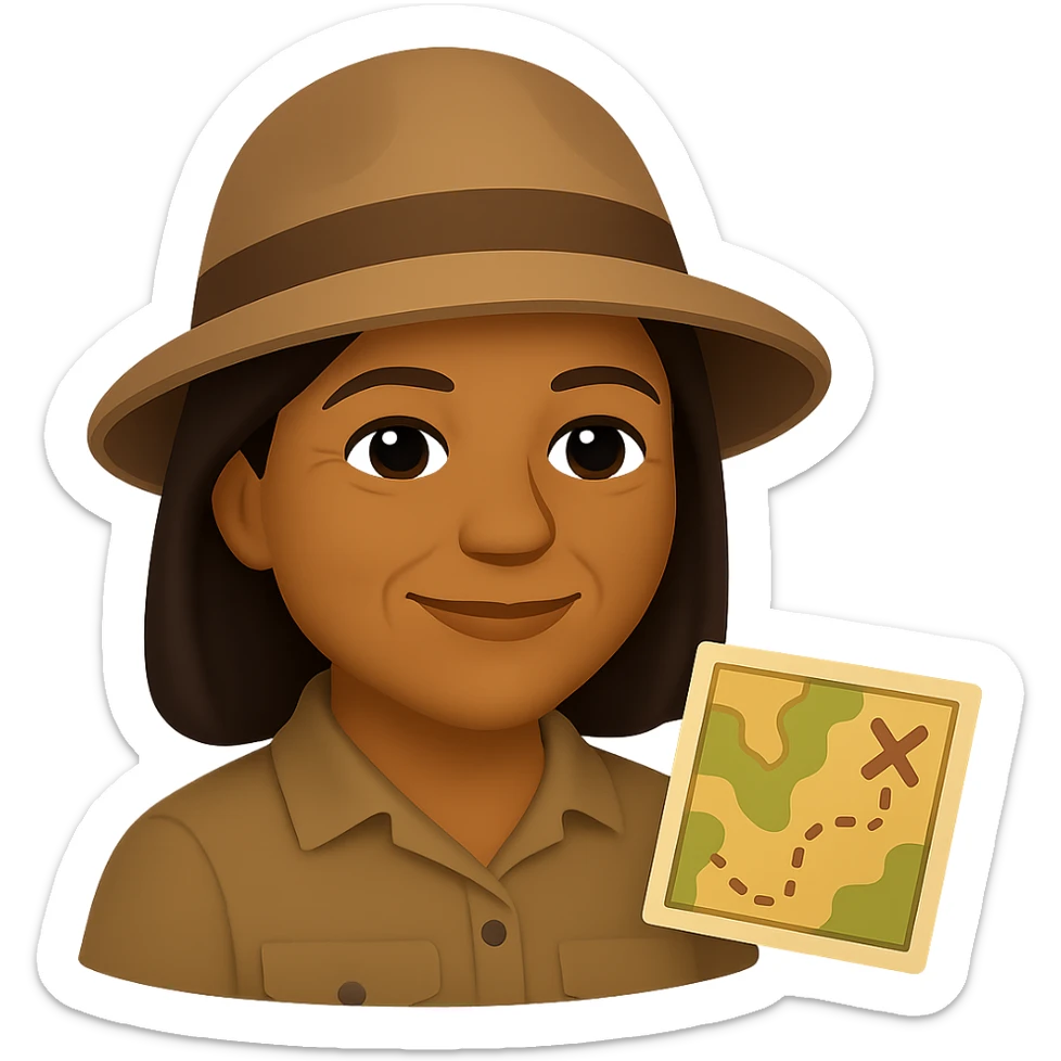 Reduce wrinkles on the face, keeping only a few light wrinkles around the eye corners and mouth to make her look about 55 years old. Maintain the emoji style look with brown skin, an archaeological hat, and a small map beside her. Keep the background transparent. The original style is emoji, but since emoji style does not support editing, use the general style editor while preserving the emoji style appearance. sticker
