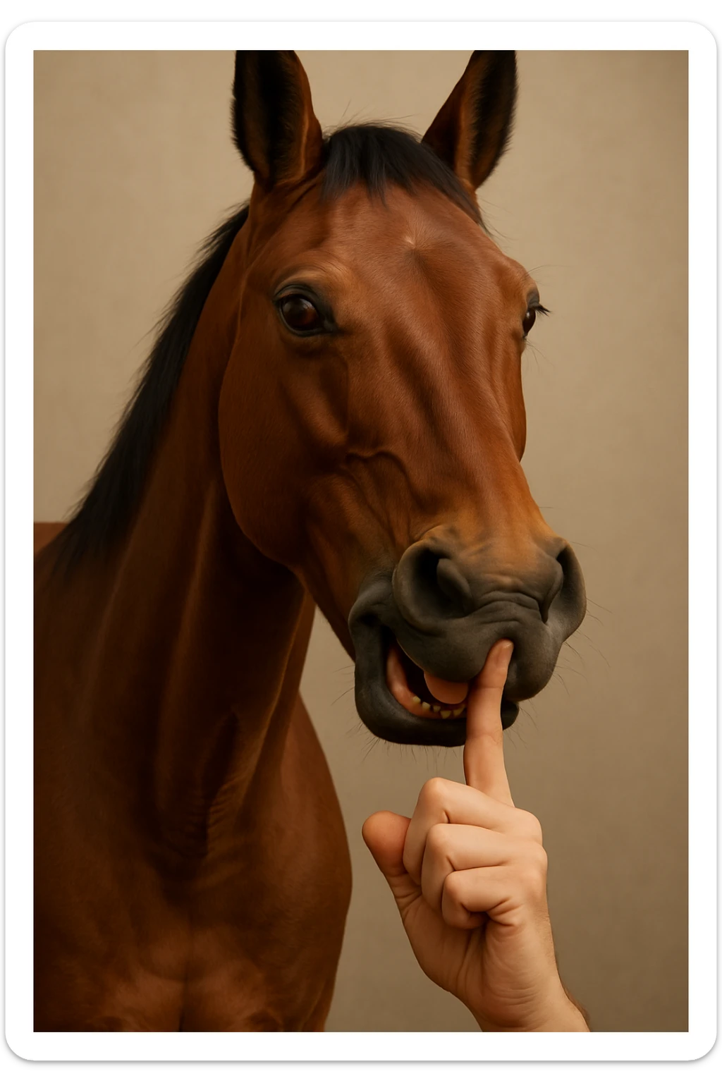 Make the finger bent inside the mouth of the realistic horse, with a gesture of silence, same background. sticker