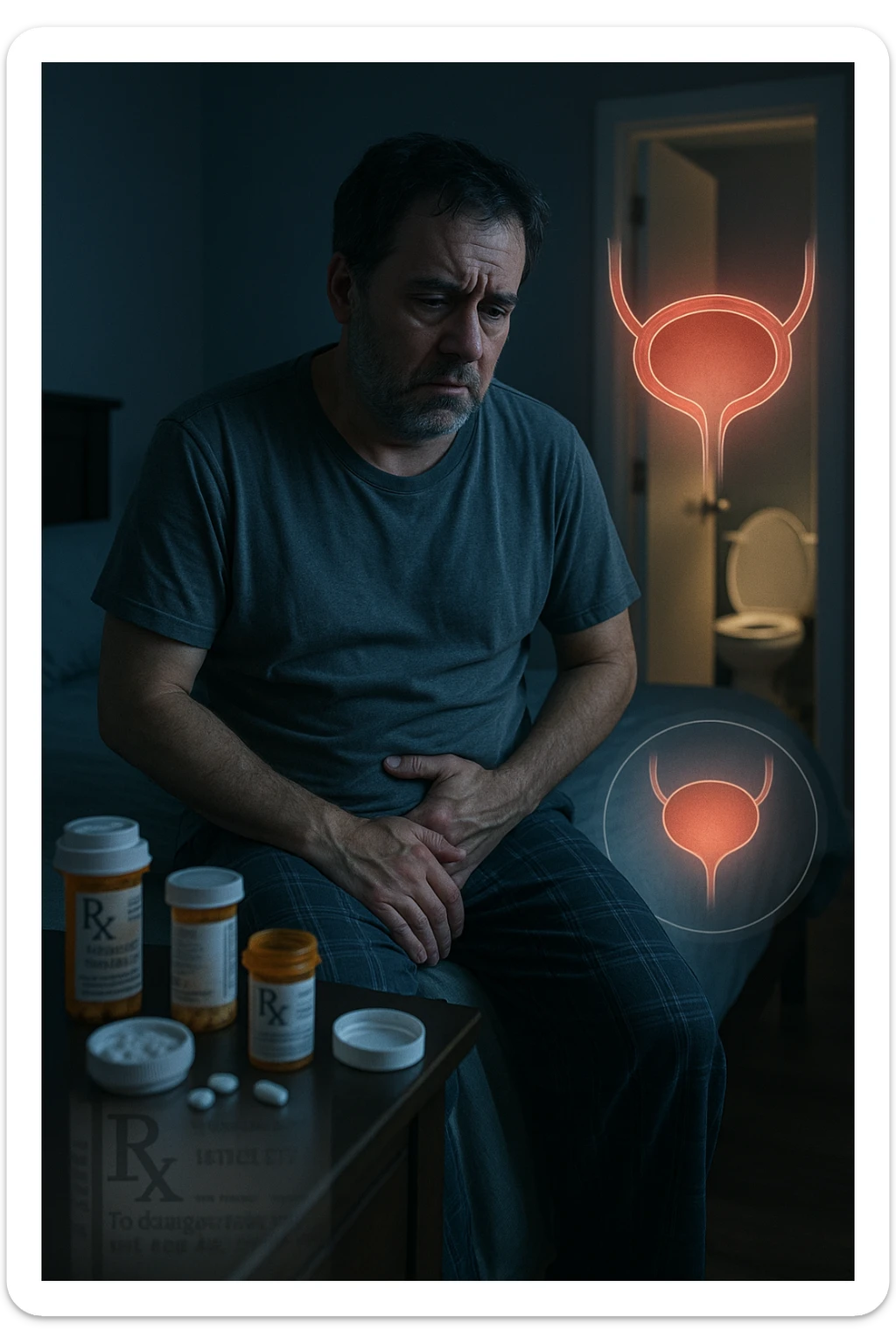 A middle-aged man sits on the edge of his bed in a dimly lit bedroom, looking exhausted and frustrated. On the nightstand beside him are several prescription pill bottles, loosely organized, some open — suggesting long-term medication use. In the background, the bathroom door glows softly, partially open, with a faint reflection of the toilet visible, indicating frequent nighttime trips. The man wears a loose T-shirt and pajama pants, his posture slightly curved as he gently touches his lower abdomen, symbolizing bladder discomfort. His eyes have dark circles, his expression is drained. The color palette is muted blues and greys, with a cinematic soft focus and ambient light highlighting emotional fatigue. A subtle overlay of pill labels and bladder imagery could be added for educational use. sticker
