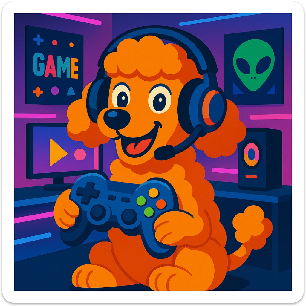 Add a colorful gaming room background with posters, LED lights, and a monitor. Keep the poodle gamer as the main focus in vibrant toon style. sticker