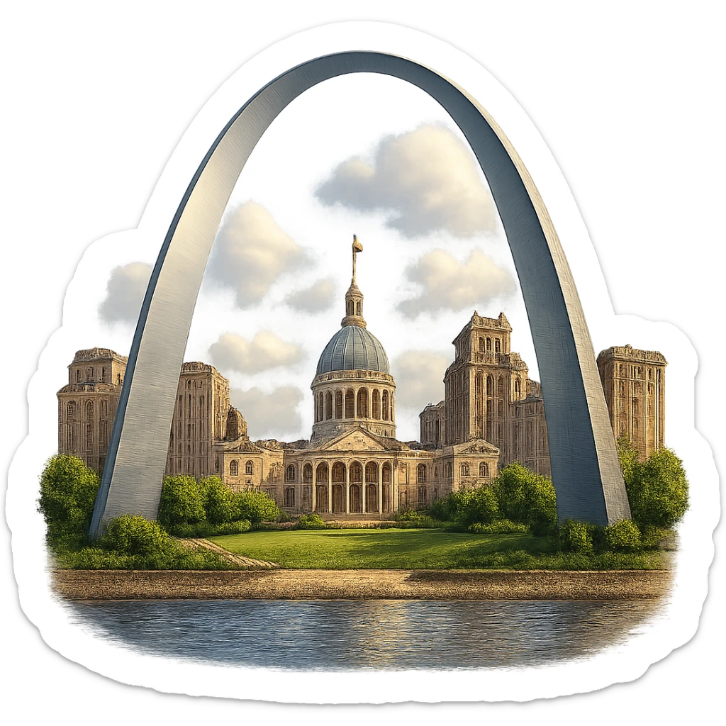 cinematic, realistic emoji of the St. Louis Gateway Arch, Gateway Park, and the shore of the Mississippi River, featuring majestic, ornate architecture, lifelike detail, bright lighting, and accurate colors, transparent background sticker