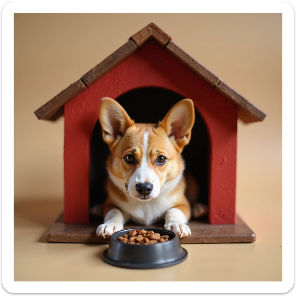 realistic red dog house with a Corgi dog inside, Corgi with a food bowl, photorealistic style sticker