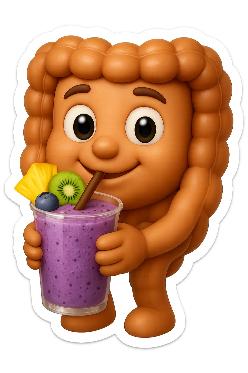 EMOJI STILE IPHONE DI un intestino umano anatomico che beve un frullato di mirtilli, ananas, kiwi, fagli anche la parte bianca degli occhi, non solo le pupille, REALISTICo 4K sticker