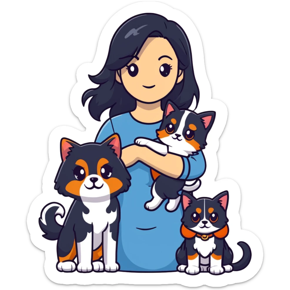 woman with long black hair holding an American Shorthair cat and a Cavalier King Charles Spaniel dog sticker