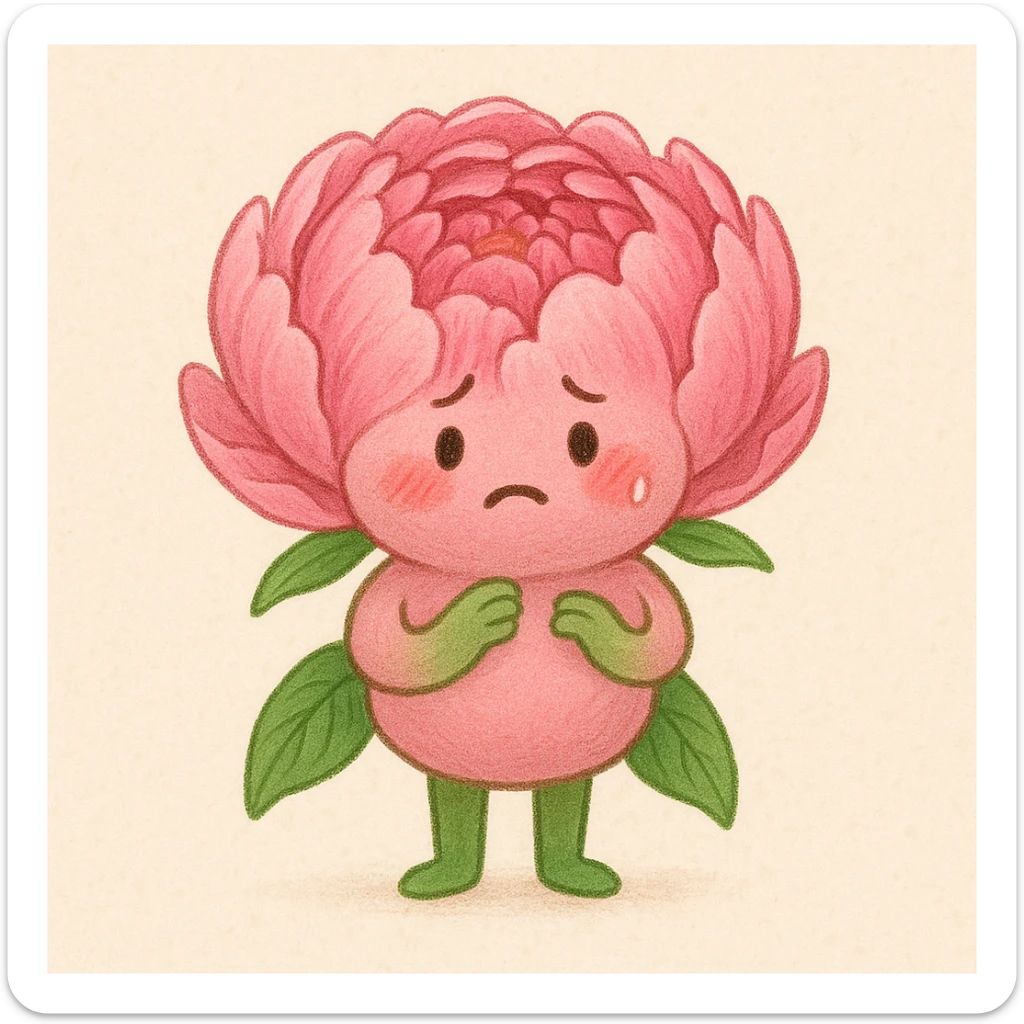 cute anthropomorphic pink peony flower with a round body, arms and legs, blushing cheeks, nervous expression sticker