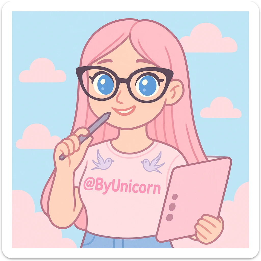 portrait of a girl from waist up with long straight pink hair, expressive blue eyes, nose with a small hump, two symmetrical swallow tattoos on collarbones, wearing a pastel light pink t-shirt with a more saturated pink @ByUnicorn print, black cat-eye shaped glasses on face, holding a pastel pink graphic tablet in right hand and a pen from the tablet in left hand, gently biting the pen with a smile, background of pastel blue sky and fluffy pastel pink clouds, soft graphic style, expressive features, pastel colors, drawn portrait, no realism, maintain girl's appearance from photo sticker