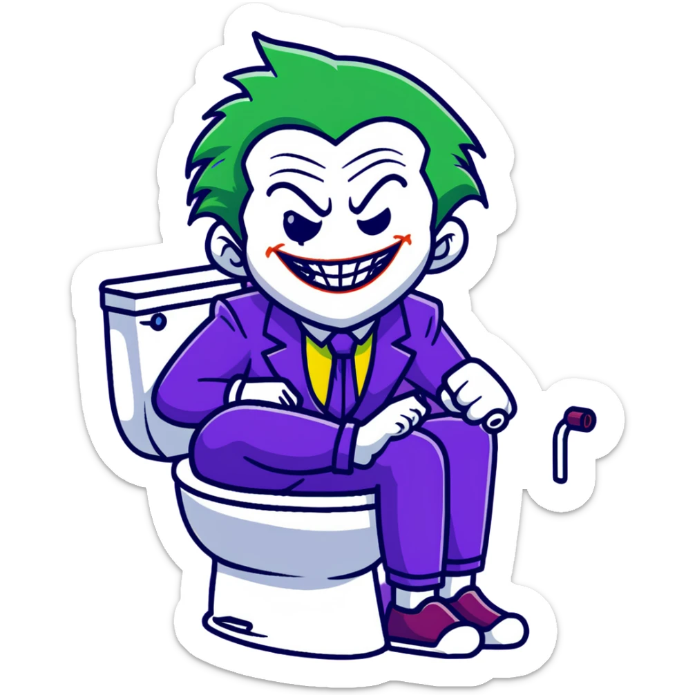 Joker villain sitting on toilet laughing maniacally, green hair, purple suit sticker