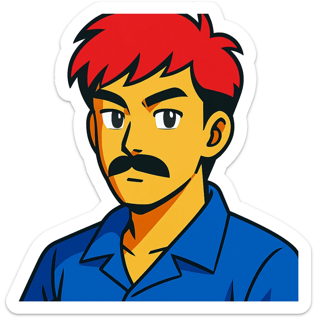 asian man with black mustache and red hair, 90's anime style, vibrant toon style sticker