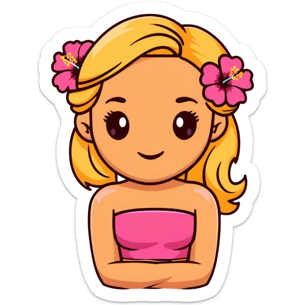 tan girl with blonde hair and brown highlight streaks with a hibiscus flower in her hair wearing a pink tube top with tan lines showing sticker