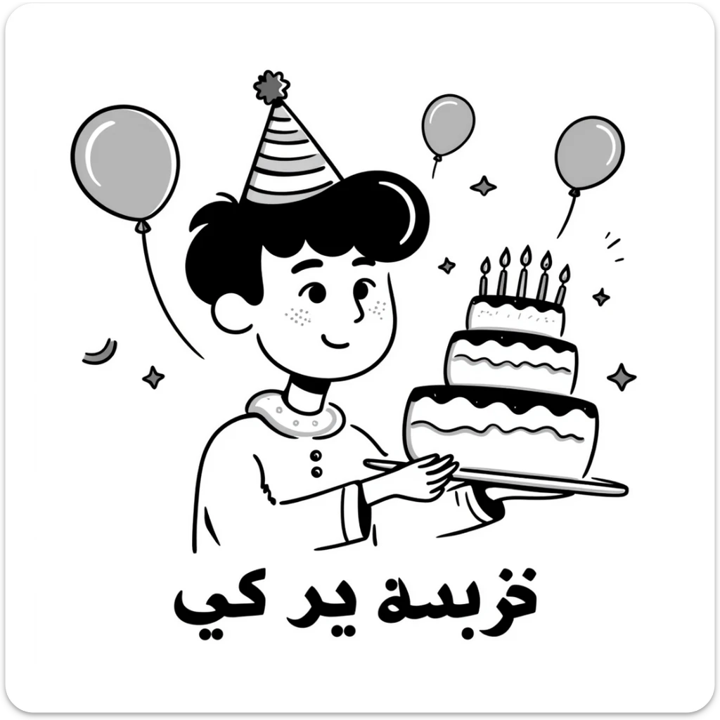 Extremely colorful and bright drawing of a cheerful boy with a birthday cake, rainbow colored decorations and party elements. At the bottom in large, bold, prominent Persian text write: "امیدرضا جان تولدت مبارک" sticker