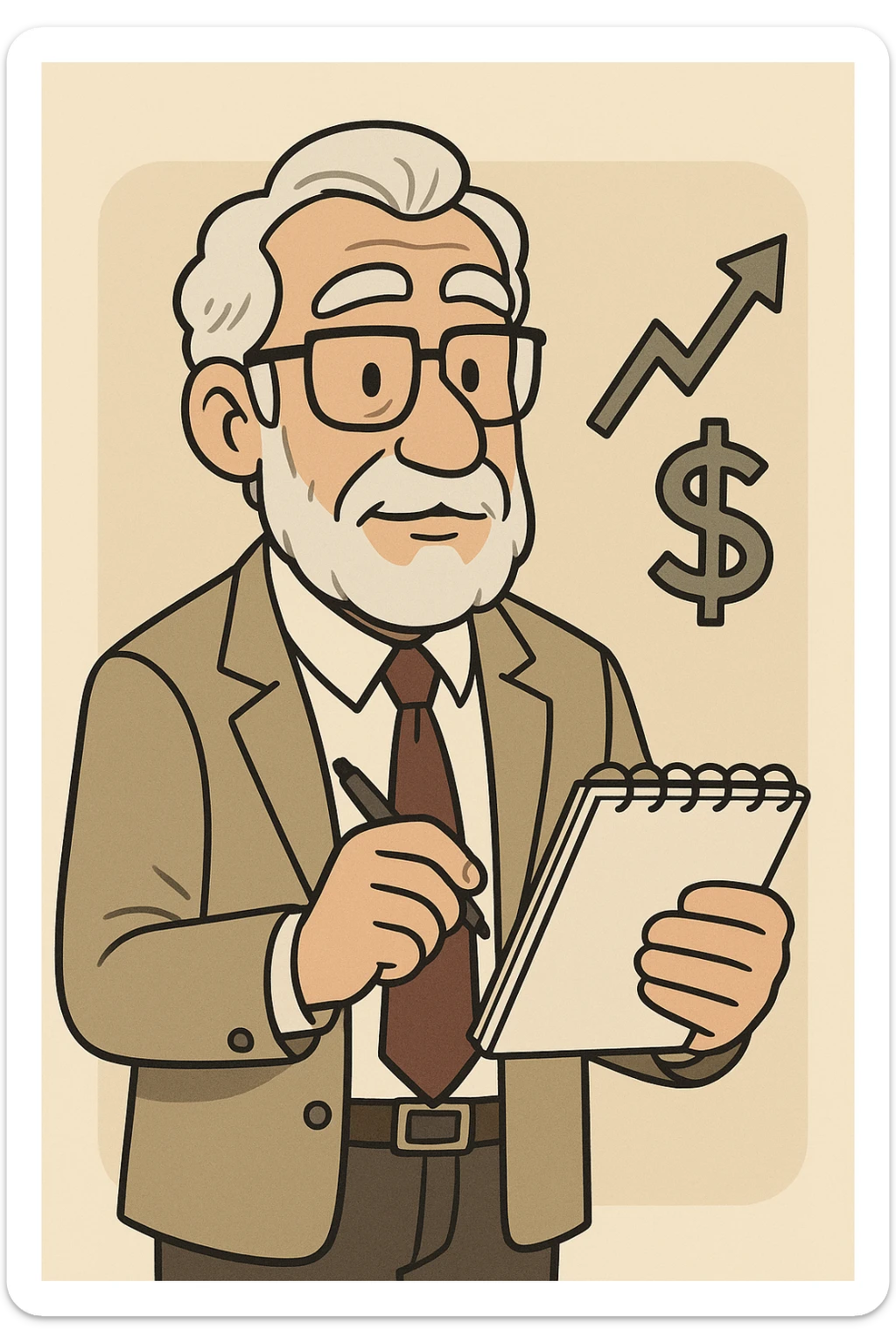 cartoon style older experienced male financial expert, with tie, glasses, notepad sticker