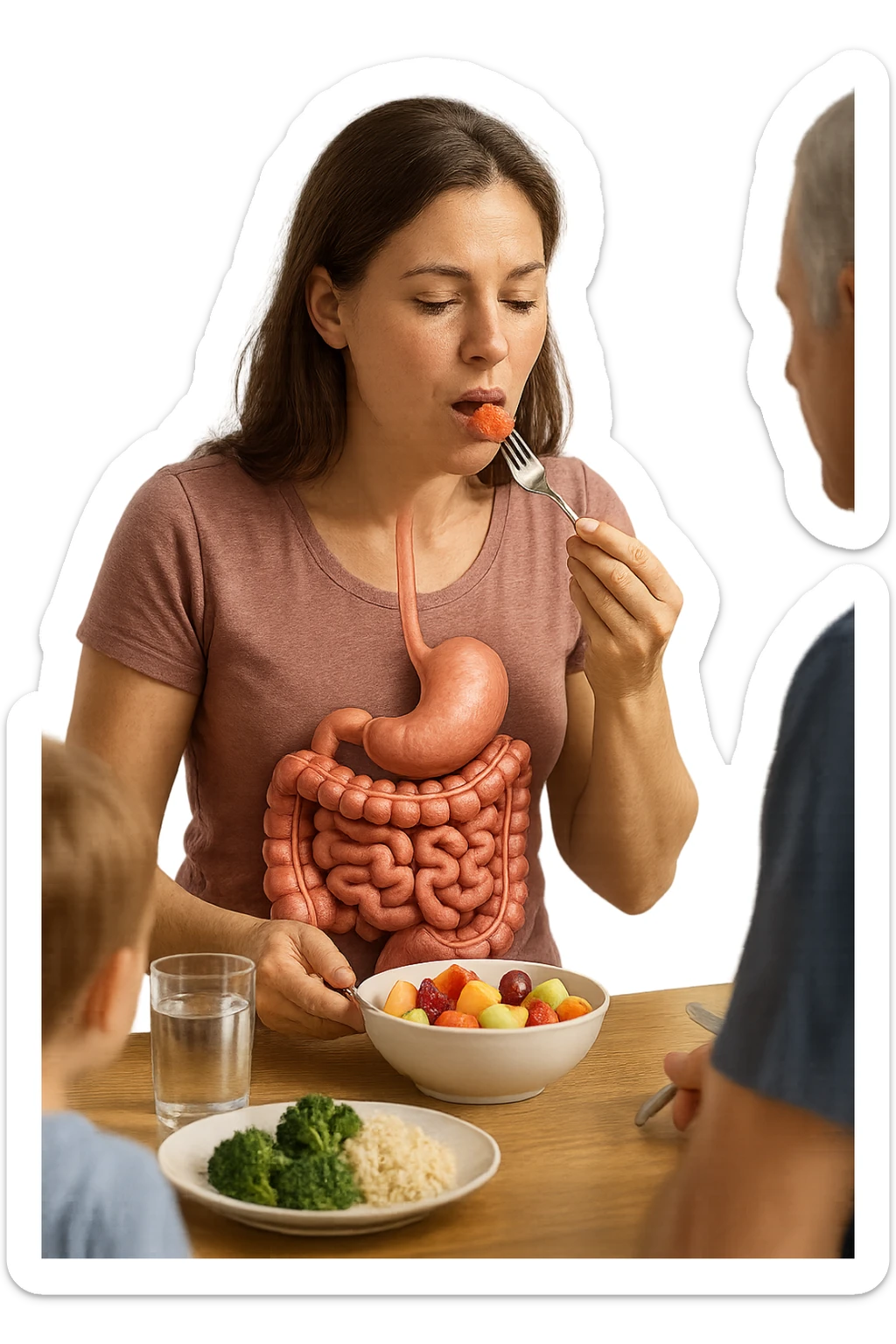 donna seduta a pranzo con la sua famiglia che mangia la frutta con intestino anatomico, iperrealistiche 4k sticker
