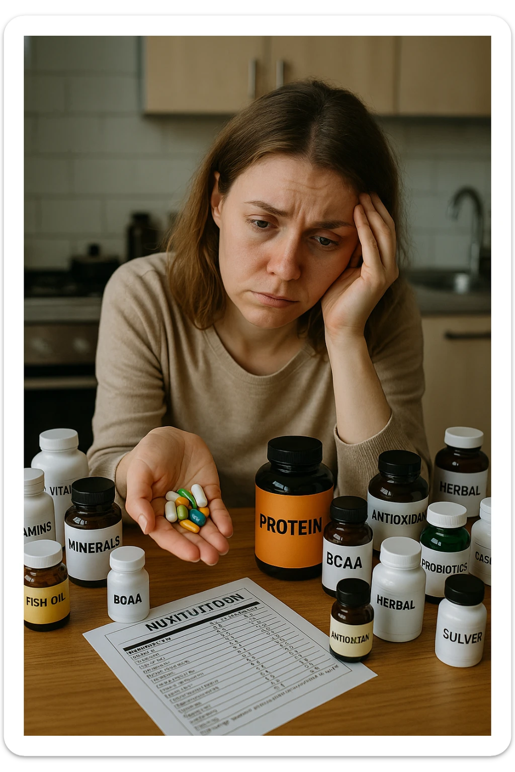 a woman in her 30s sits at her kitchen table, surrounded by dozens of supplement bottles, powders, and pills. She looks anxious and fatigued, with her head resting in one hand while the other holds a handful of colorful capsules. On the table, a nutrition chart is ignored, and her skin appears slightly dull or stressed. The mood is cautionary and educational. in italiano sticker