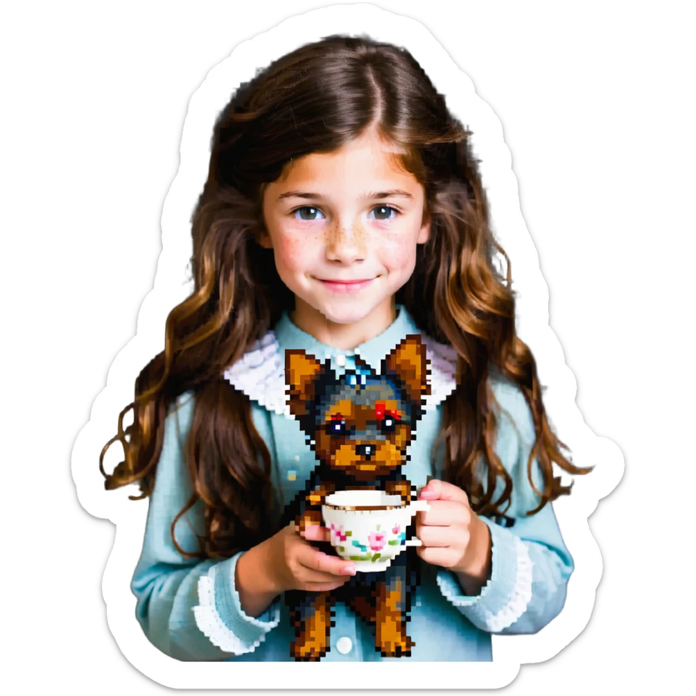 11 year old girl with freckles and long wavy brown hair, holding a teacup yorkie dog sticker