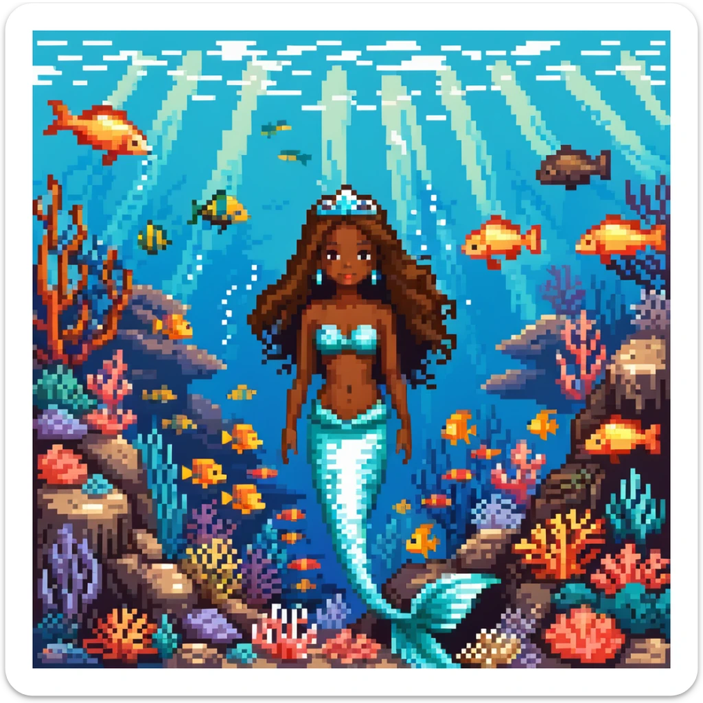 Dark brown skin beautiful mermaid princess in ocean setting with coral reef and fish sticker