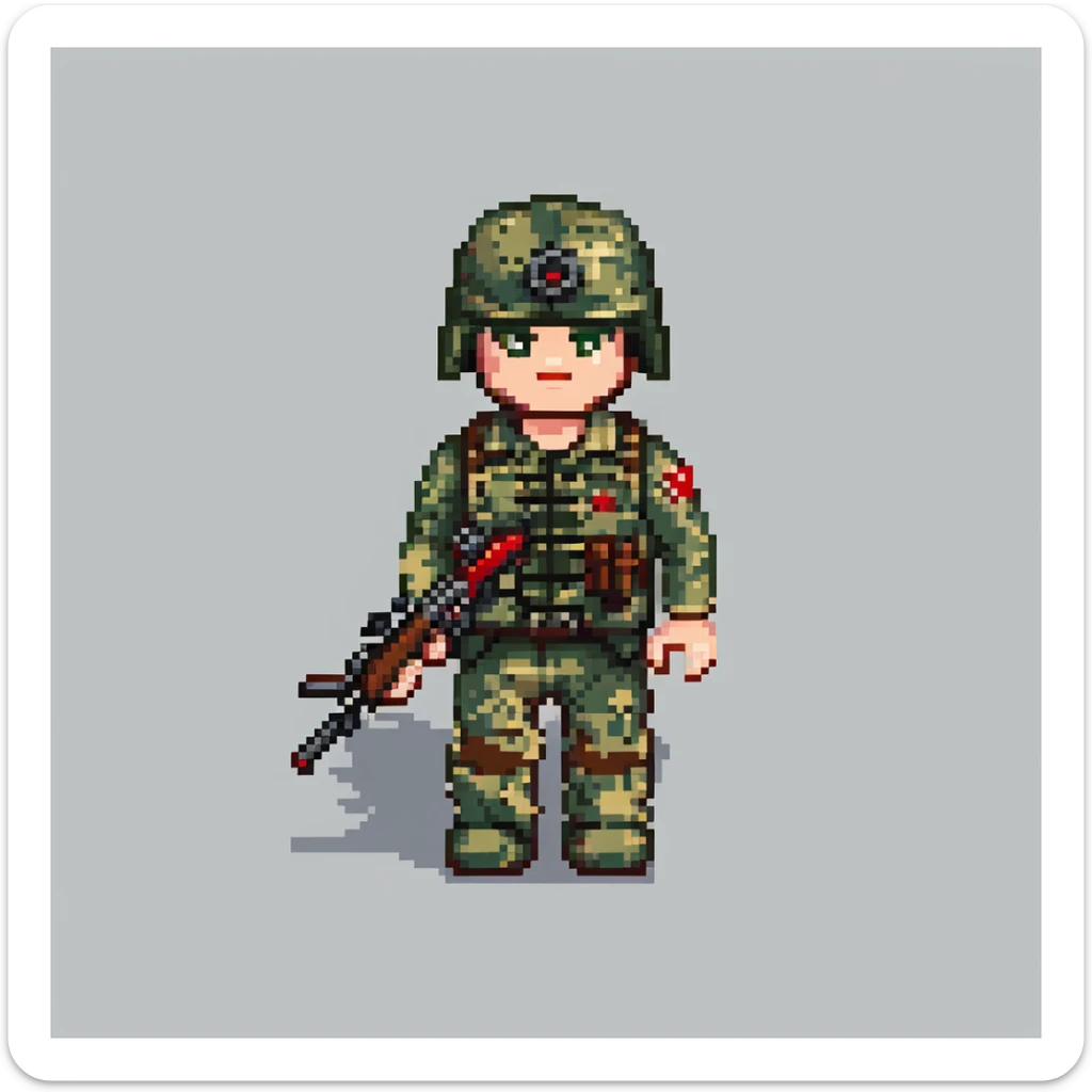robloxian military man, very blocky body, classic roblox avatar proportions, camouflage uniform, helmet, holding toy rifle, simple background sticker