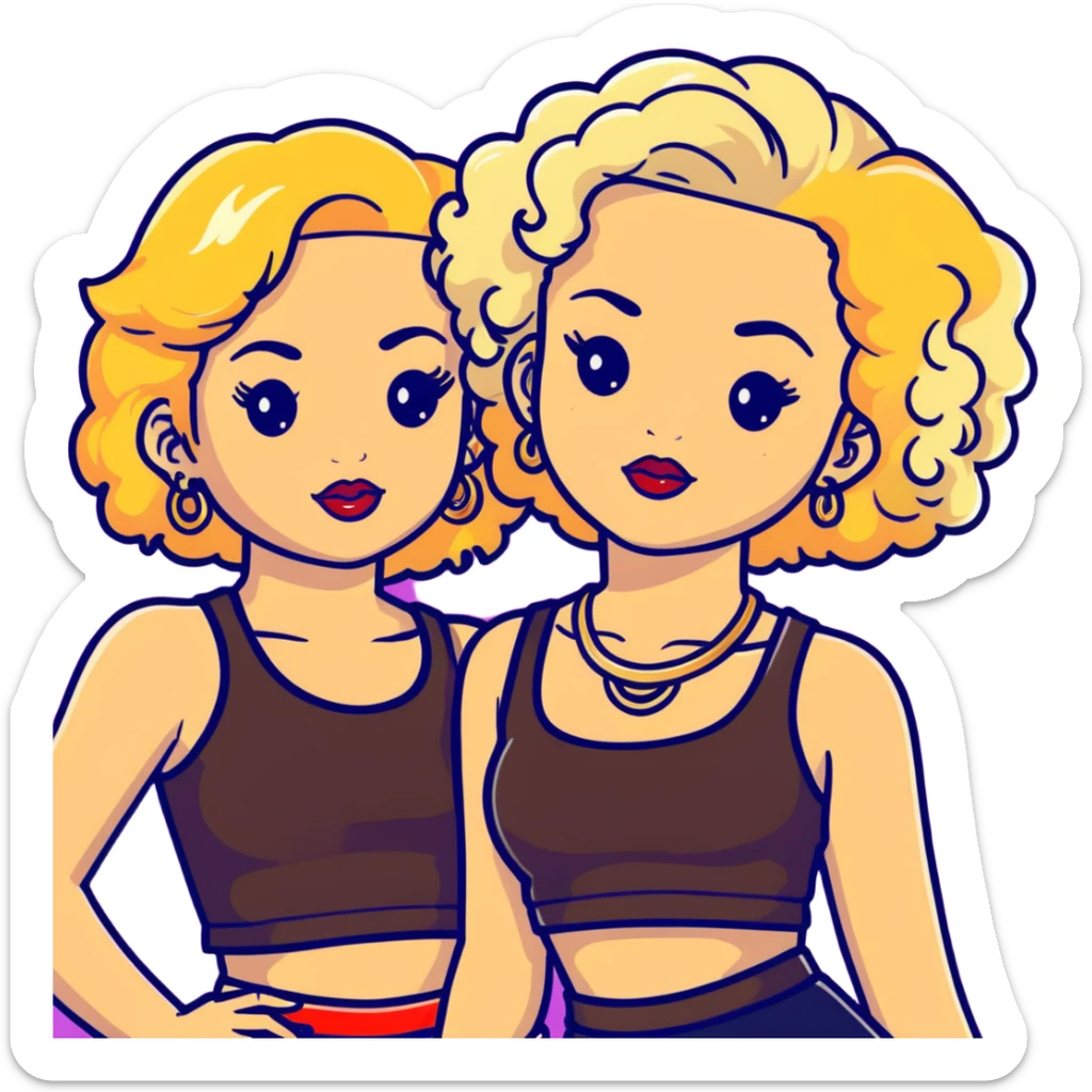 Two teenage girls together, one white with blonde hair and one brown-skinned with curly dark hair, both with heavy makeup, big lips, crop tops, gold jewelry and flashy choni style outfits sticker