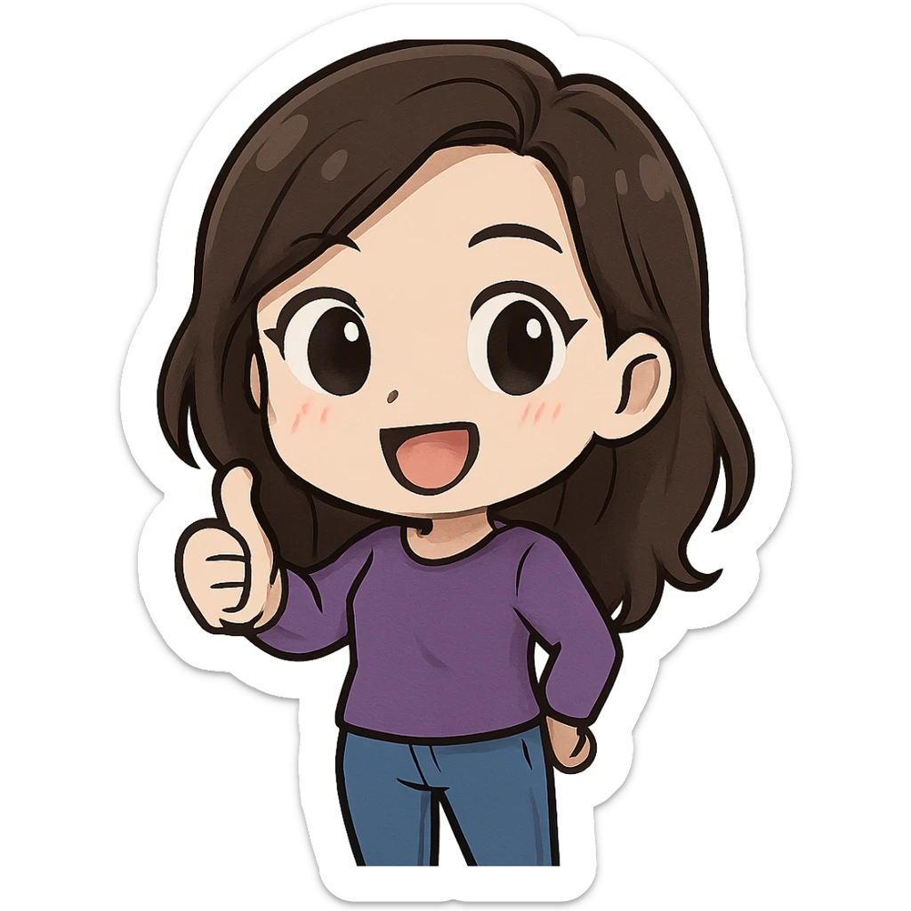 chibi emote of a woman in a purple blouse and jeans, giving thumbs up, no headband, no sparkles, no wand, transparent background sticker