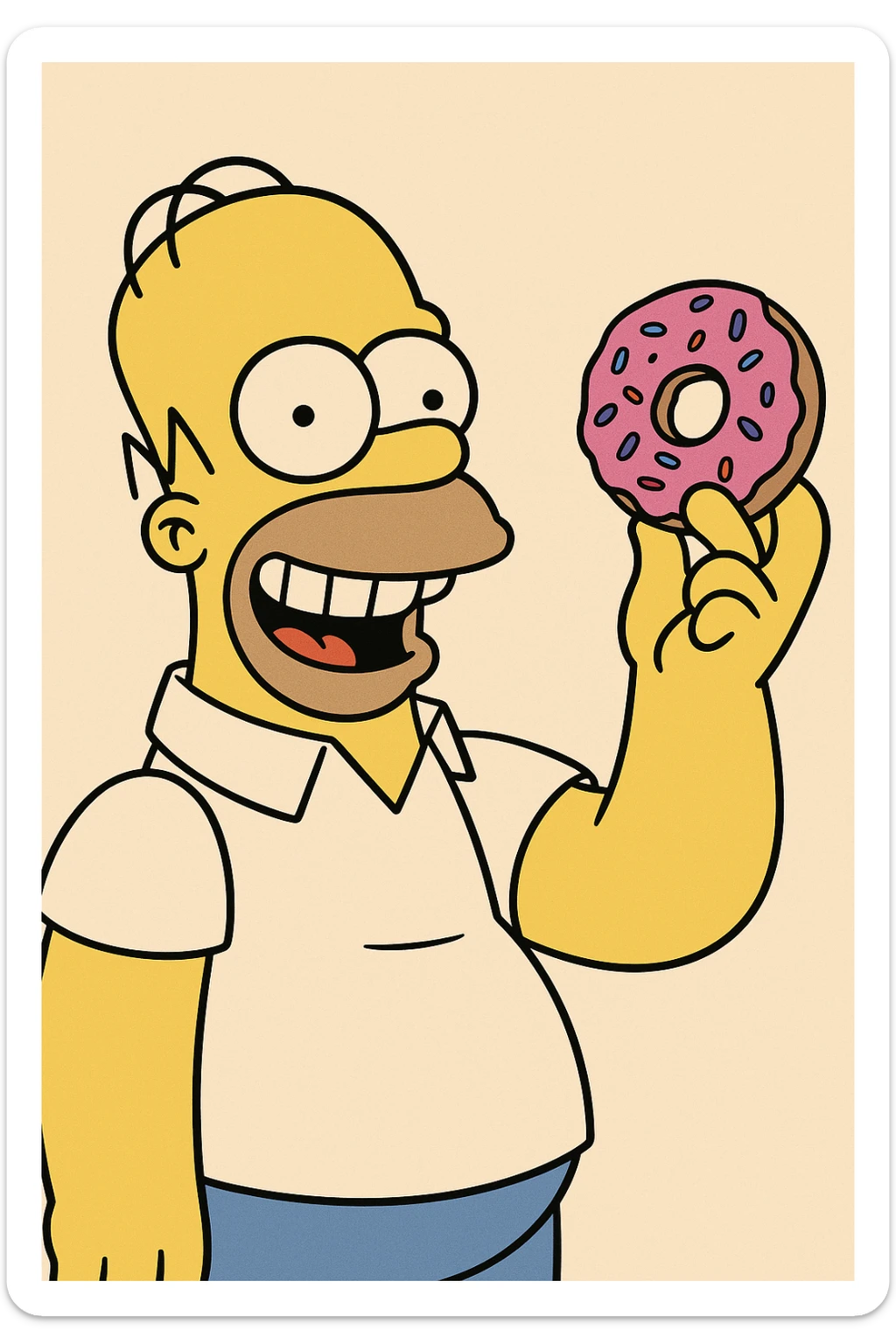 Homer Simpson grinning, holding a donut up, classic cartoon look, yellow skin, pink donut, plain background sticker