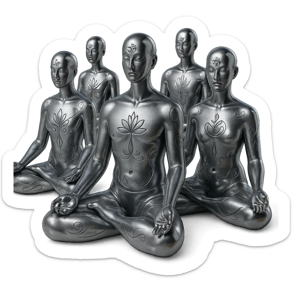 a group of reflective chrome silhouettes, men and women, in the lotus position meditating sticker