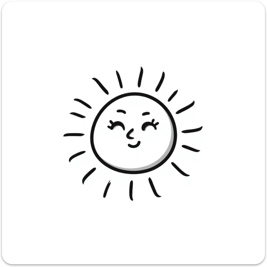 A hand-drawn doodle of a sun with a smiling face, in the style of Notion icons sticker