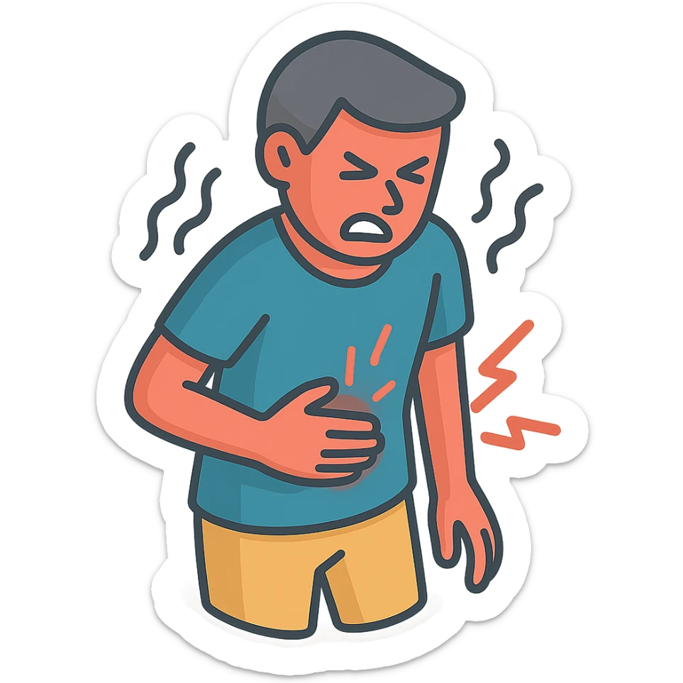 A half-body figure holding their stomach, writhing in pain with waves of pain around them, in 2d-isometric style with shadows and highlights. Focus on torso, stomach, arms, and expression of pain. Variant similar to the second in the previous series but with one hand on the stomach and the other on the side. Transparent background. sticker