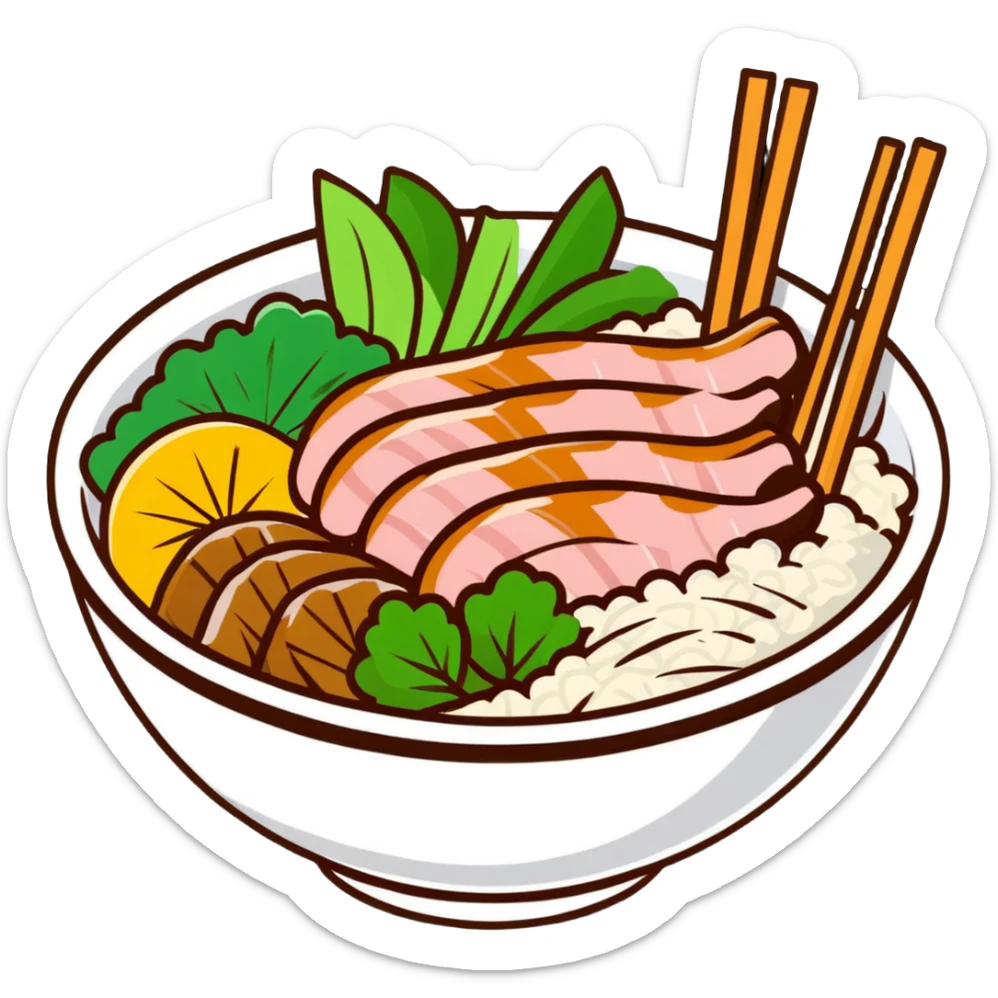 A Vietnamese Bún Thịt Nướng dish with rice noodles, grilled pork, fresh herbs, and vegetables in a bowl sticker