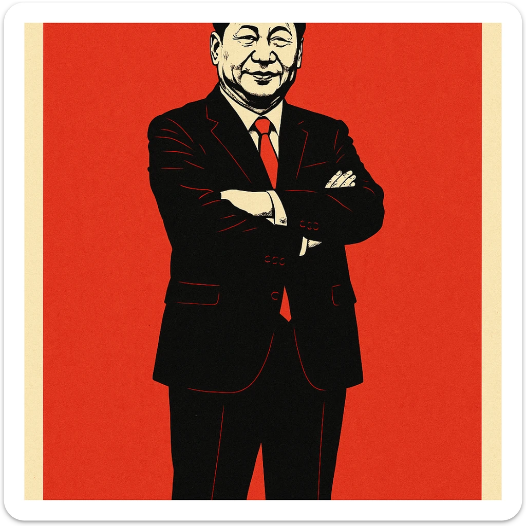 full-body portrait, Xi Jinping lookalike, arms crossed, black suit, red tie, centered, bold poster style, plain background sticker
