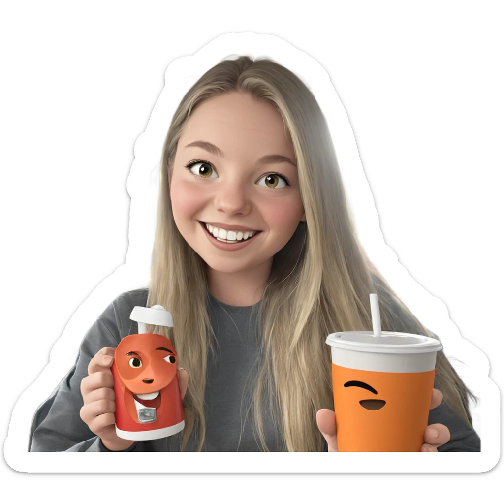 smiling girl with cup by car sticker
