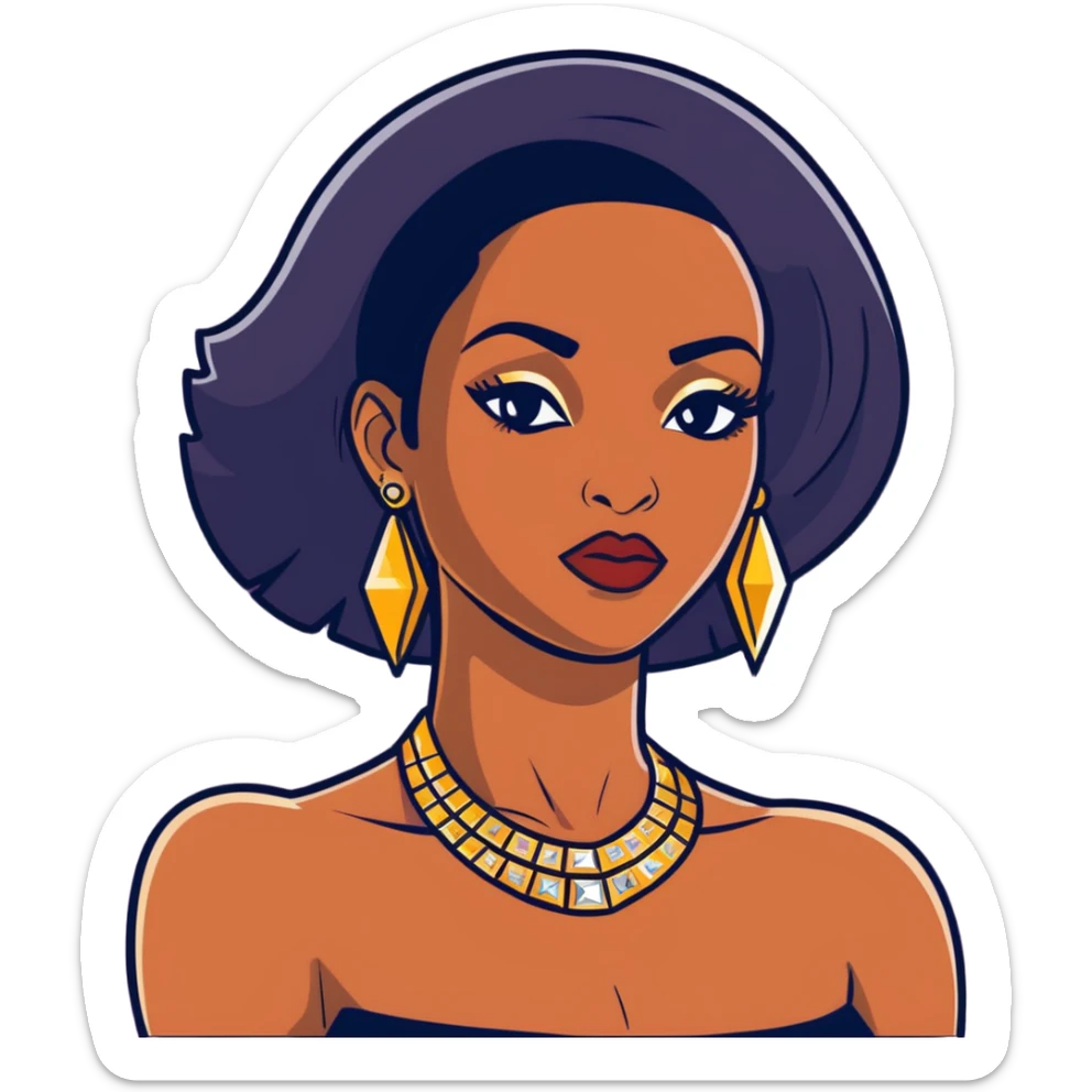 beautiful, curvy African American woman with dark brown skin, straight black hair, bold makeup, gold jewelry, diamonds, confident pose, inspired by Bratz doll sticker