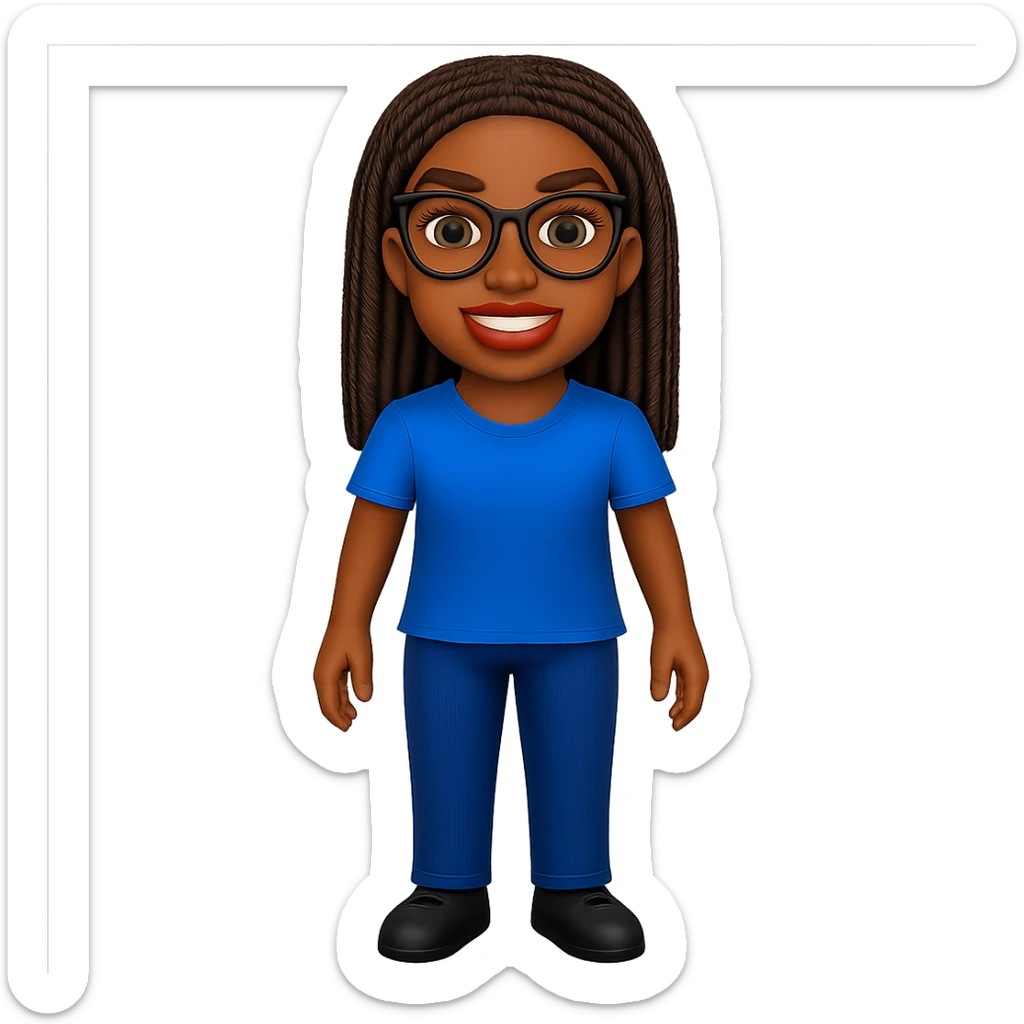 Kemi Badenoch smiling emoji with glasses and braided hair standing, transparent background sticker