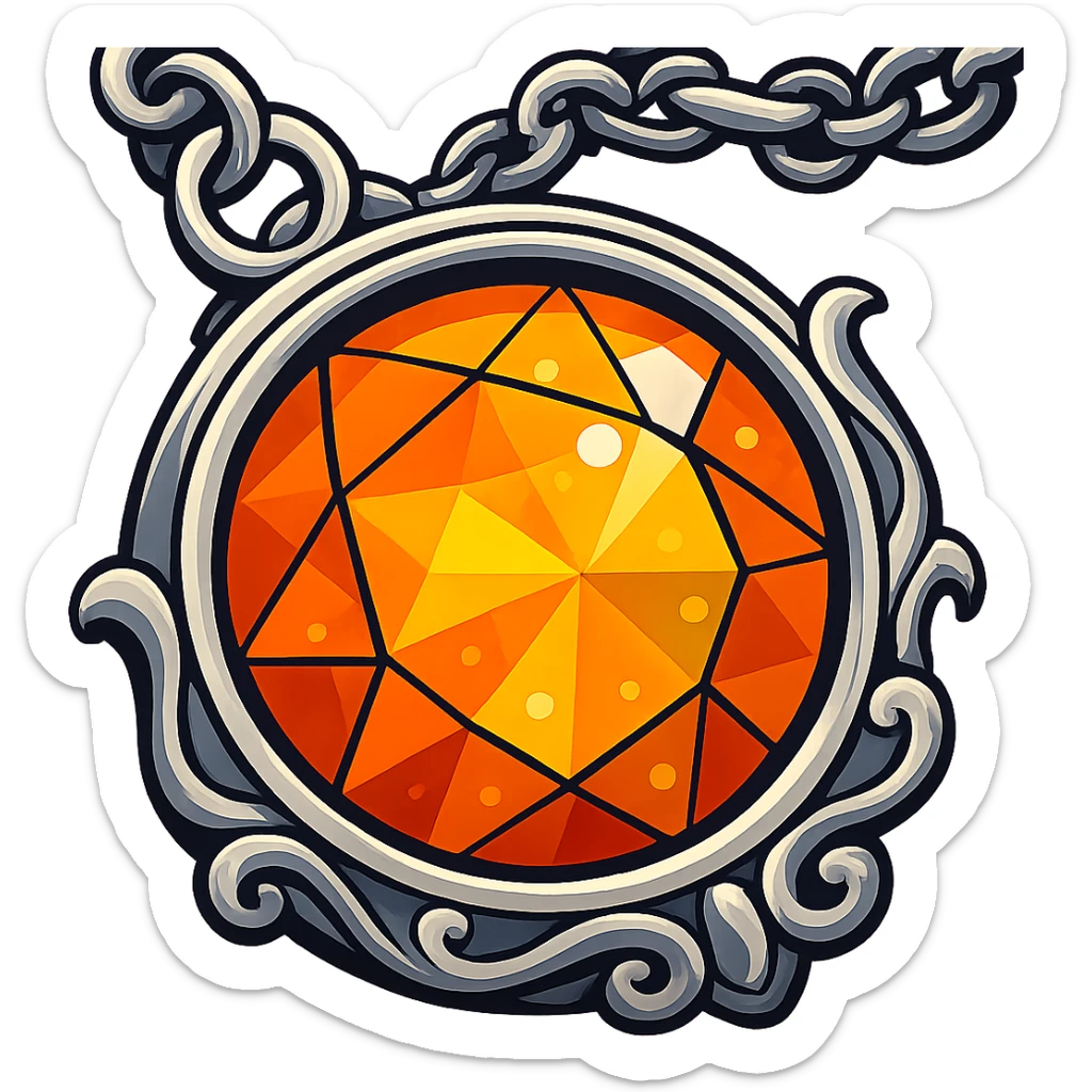 Add a silver chain or ornate setting to the round cut holographic amber charm, keeping the extreme close-up and original style sticker