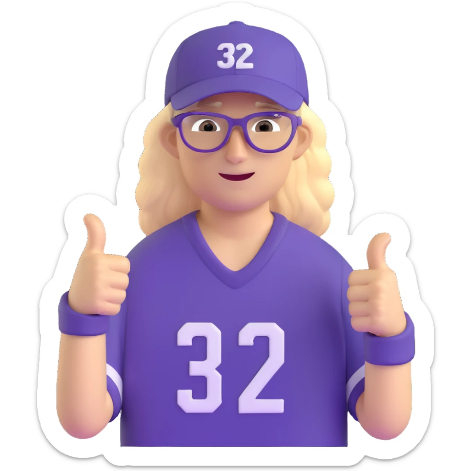 Man with black and white cap, purple sports jersey with number 32, clear glasses, messy light blond mullet hairstyle, thumbs up, content expression sticker