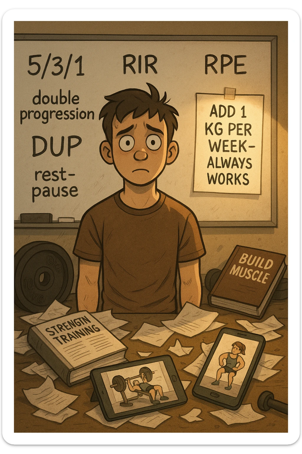 Giovane neofita in palestra, con uno sguardo perso davanti a una lavagna piena di metodi di progressione (5/3/1, RIR, RPE, double progression, DUP, rest-pause). È circondato da libri di allenamento e video tutorial su tablet e smartphone. Dietro di lui, un cartello piccolo ma chiaro: 'Aggiungi 1 kg a settimana – funziona sempre'. Atmosfera caotica intorno, ma luce calda sul messaggio semplice sticker