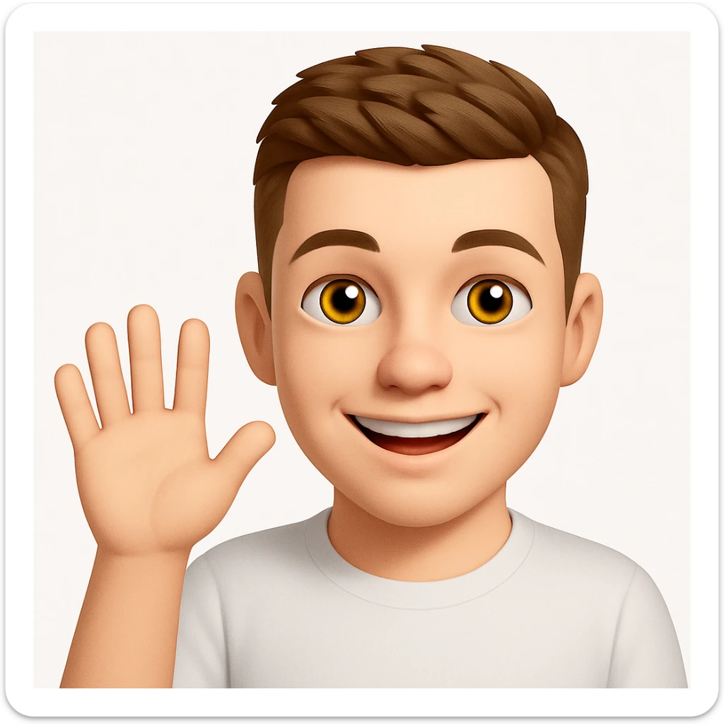 Based on these photos, make an emoji with facial features preserved, man say hello with white t-shirt sticker