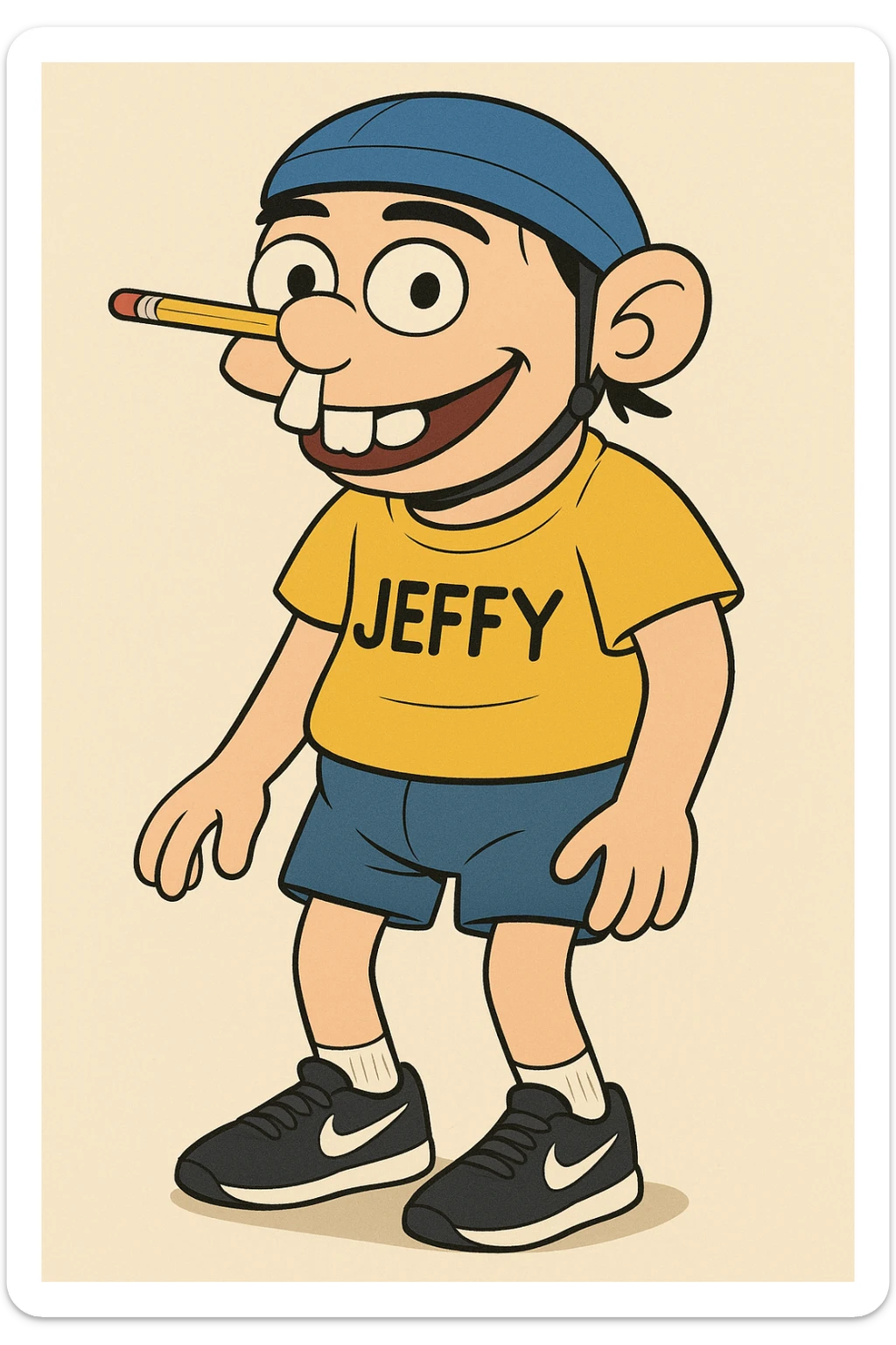 young man with blue helmet, pencil balanced on nose, prominent bunny teeth, yellow shirt labeled 'JEFFY', black Nike sneakers, black eyebrows, playful expression, cartoon style sticker