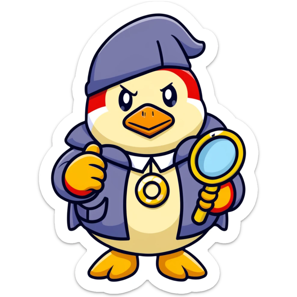 King Dedede from Kirby dressed as a detective, holding a magnifying glass, cartoon style sticker