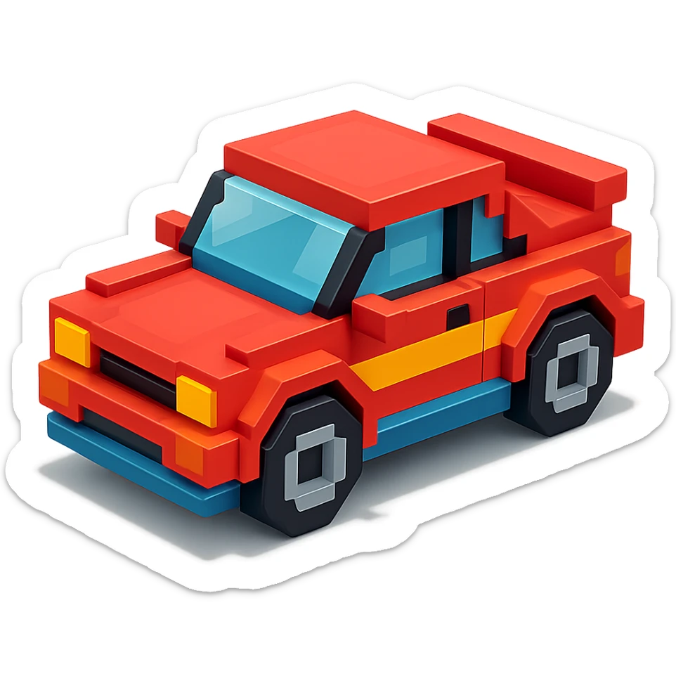 A voxel-style car with a sporty design, vibrant colors, simple geometric shapes, and a glossy finish sticker