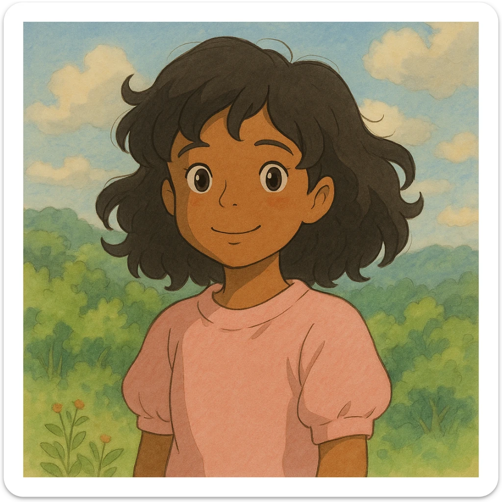 brown girl with black wavy hair, wearing a cute light pink shirt, ghibli-inspired style sticker