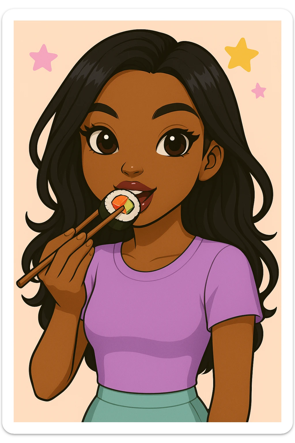 Change the pose to a 20-year-old anime Bratz style woman with dark skin, straight hair, trendy outfit, big expressive eyes, glossy lips, no hat, no tears, happy expression, both eyes open, looking straight ahead, eating a California roll with chopsticks, headshot only. sticker